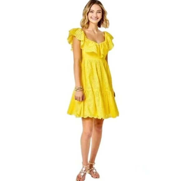 New! Lilly Pulitzer Asteria Eyelet Babydoll Dress in Resort Yellow‎ - Picture 2 of 11